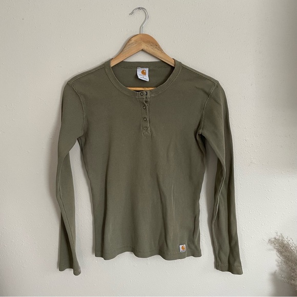 Carhartt Tops - Carhartt Y2K ribbed Henley olive gree long sleeve tee